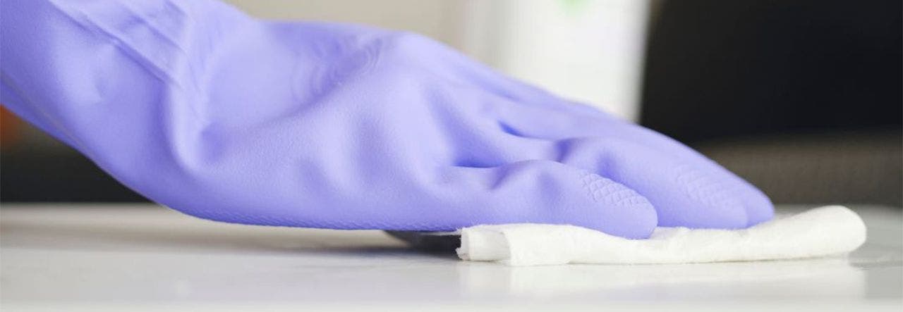 Person wearing purple heavy-duty gloves and wiping a counter surface
