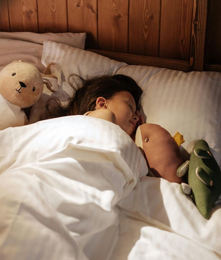 kid sleeping in bed with stuffed toys