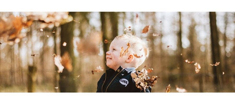 kid standing in the fall leaves in the woods