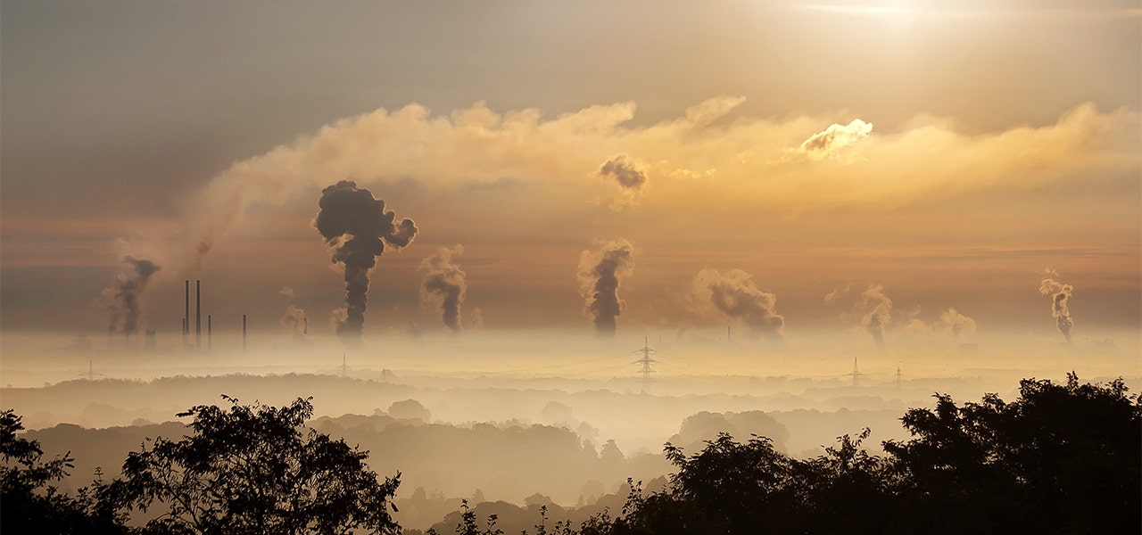 Toxic fumes from a factory disrupting a beautiful sunrise over a forest