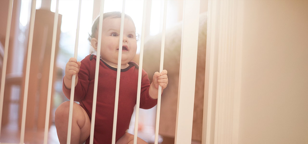 baby looking through baby gate